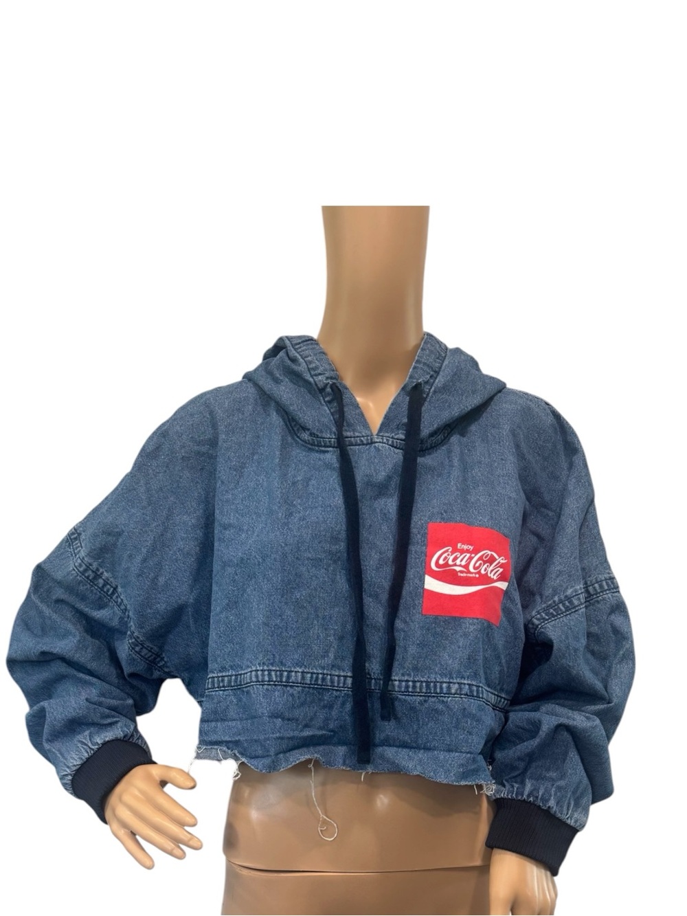 Coca-Cola By Spirit Jersey Denim Cropped Pull Over Hoodie Raw Hem Size S